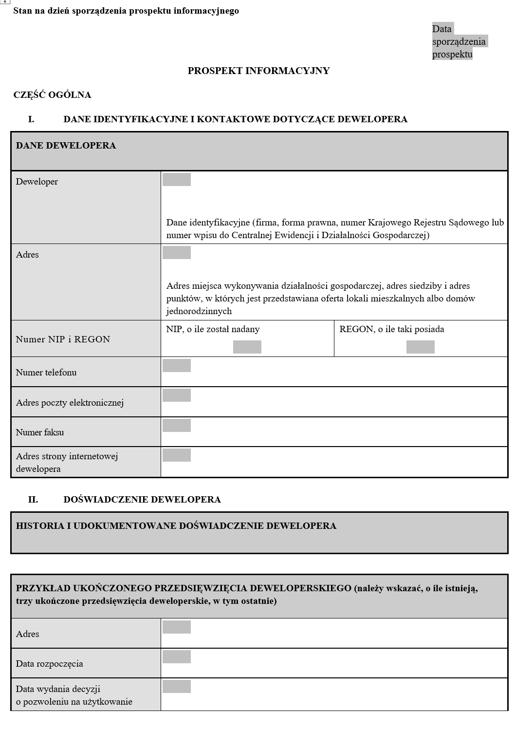 Prospekt informacyjny dewelopera - Nowa wersja formularza