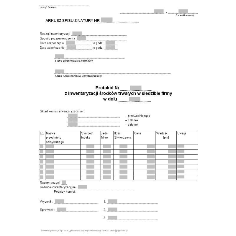 Protokół z inwentaryzacji środków trwałych (Arkusz spisu z natury)