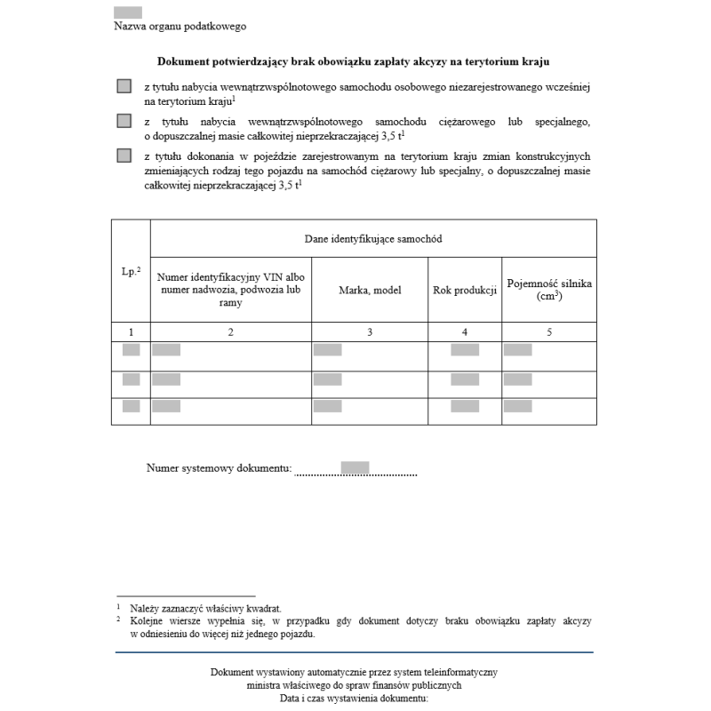 Dokument potwierdzający brak obowiązku zapłaty akcyzy na terytorium kraju od nabytego wewnątrzwspólnotowo samochodu osobowego niezarejestrowanego wcześniej na terytorium kraju