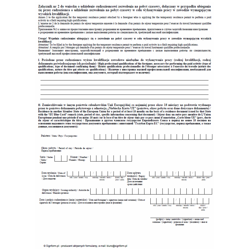 Załącznik nr 2 do wniosku o udzielenie cudzoziemcowi zezwolenia na pobyt czasowy