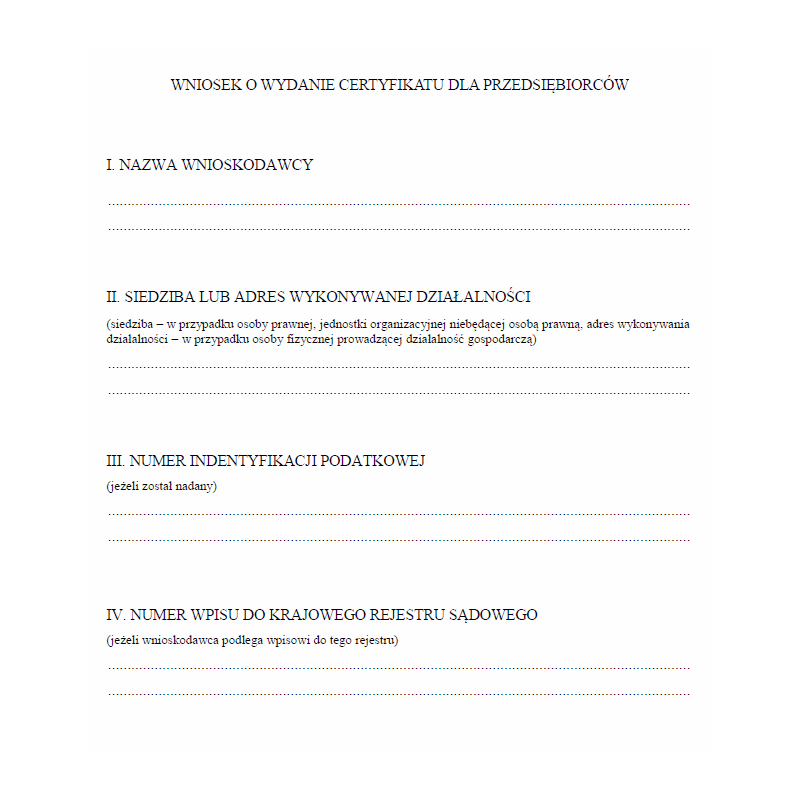 Wniosek o wydanie certyfikatu dla przedsiębiorców z branży urządzeń chłodniczych, klimatyzacyjnych, pomp ciepła, systemów ochrony przeciwpożarowej zawierających fluorowane gazy cieplarniane