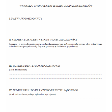 Wniosek o wydanie certyfikatu dla przedsiębiorców z branży urządzeń chłodniczych, klimatyzacyjnych, pomp ciepła, systemów ochrony przeciwpożarowej zawierających fluorowane gazy cieplarniane