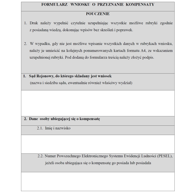 Formularz wniosku o przyznanie kompensaty ofiarom przestępstw