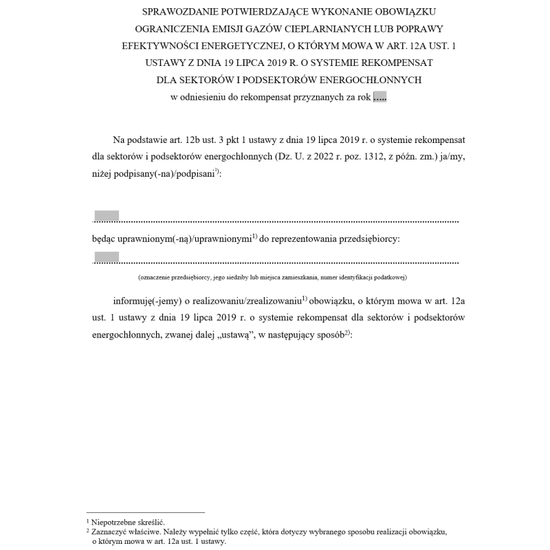 Sprawozdanie potwierdzające wykonanie obowiązku ograniczenia emisji gazów cieplarnianych lub poprawy efektywności energetycznej