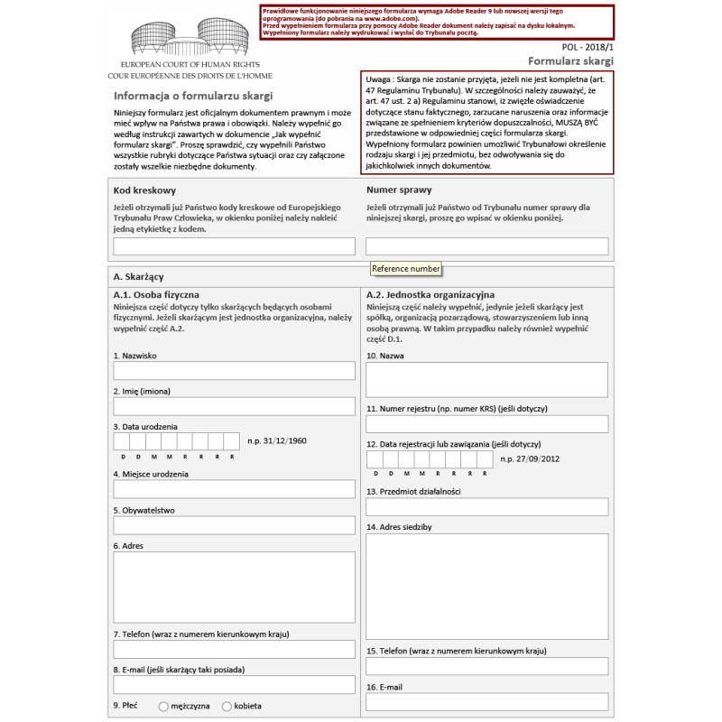 Formularz skargi do Europejskiego Trybunału Praw Człowieka