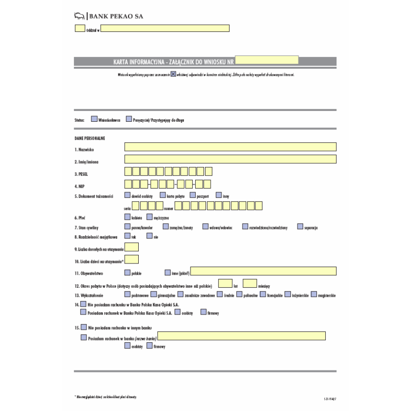 Karta Informacyjna - załącznik do wniosku (Bank Pekao SA)