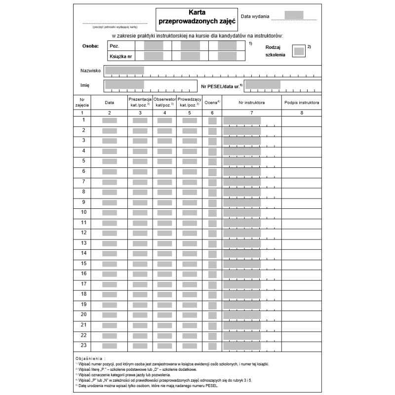 Karta przeprowadzonych zajęć w zakresie praktyki instruktorskiej na kursie dla kandydatów na instruktorów