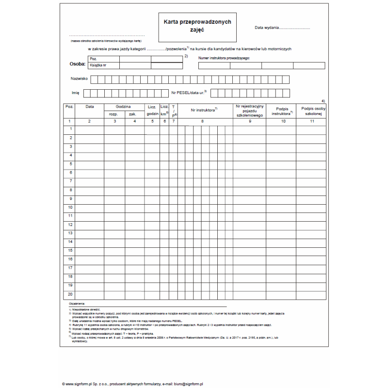 Karta przeprowadzonych zajęć stosowana na kursie dla kandydatów na kierowców lub motorniczych