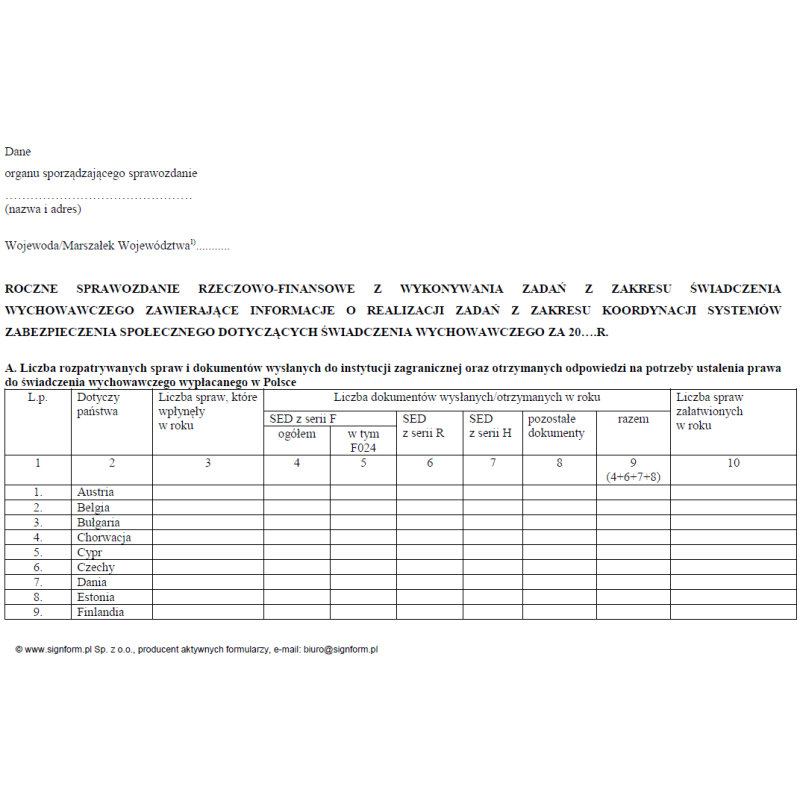 Roczne sprawozdanie rzeczowo-finansowe z wykonywania zadań z zakresu świadczenia wychowawczego zawierające informacje o realizacji zadań z zakresu koordynacji systemów zabezpieczenia społecznego dotyczących świadczenia wychowawczego