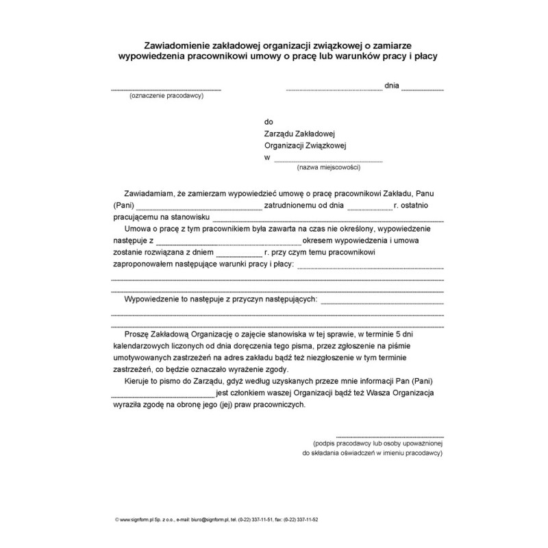 Zawiadomienie zakładowej organizacji związkowej o zamiarze wypowiedzenia pracownikowi umowy o pracę lub warunków pracy i płacy