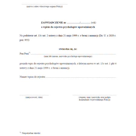Zaświadczenie o wpisie do rejestru psychologów upoważnionych do wydawania pozwolenia na posiadanie broni