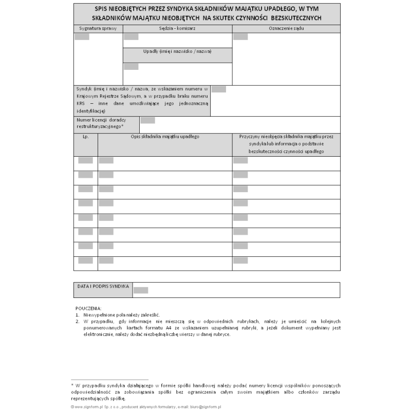 Spis nieobjętych przez syndyka składników majątku upadłego, w tym składników majątku nieobjętych na skutek czynności bezskutecznych