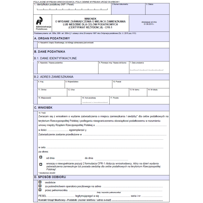 Wniosek o wydanie zaświadczenia o miejscu zamieszkania lub siedzibie dla celów podatkowych (Certyfikat Rezydencji) - CFR-1