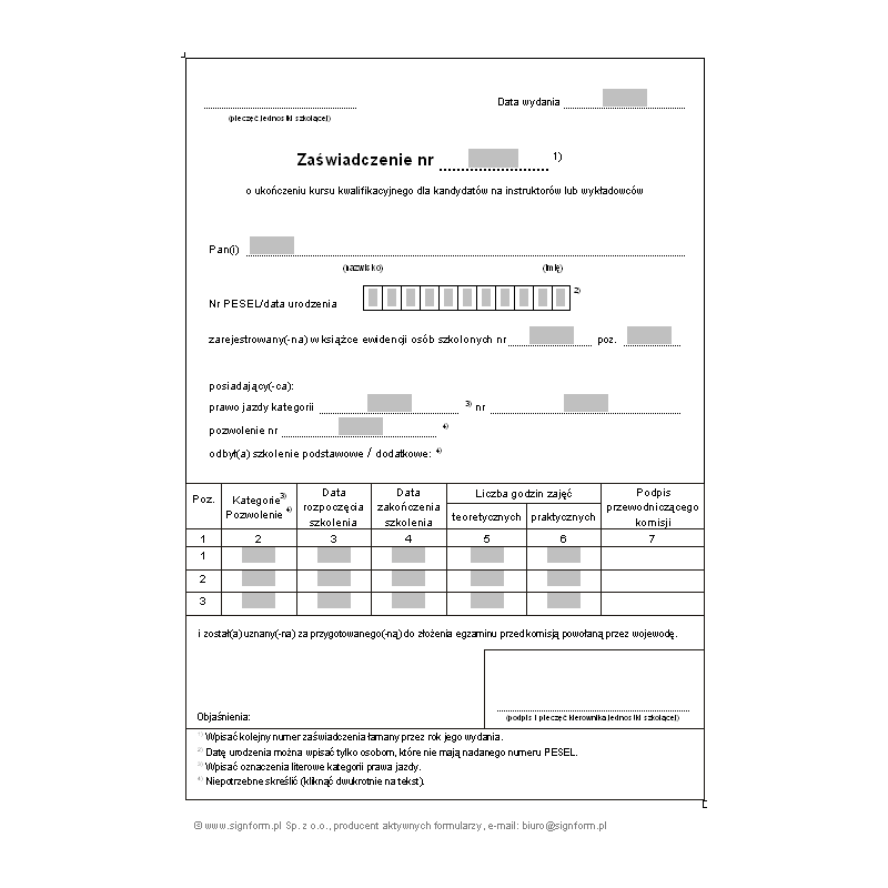 Zaświadczenie o ukończeniu kursu kwalifikacyjnego dla kandydatów na instruktorów lub wykładowców