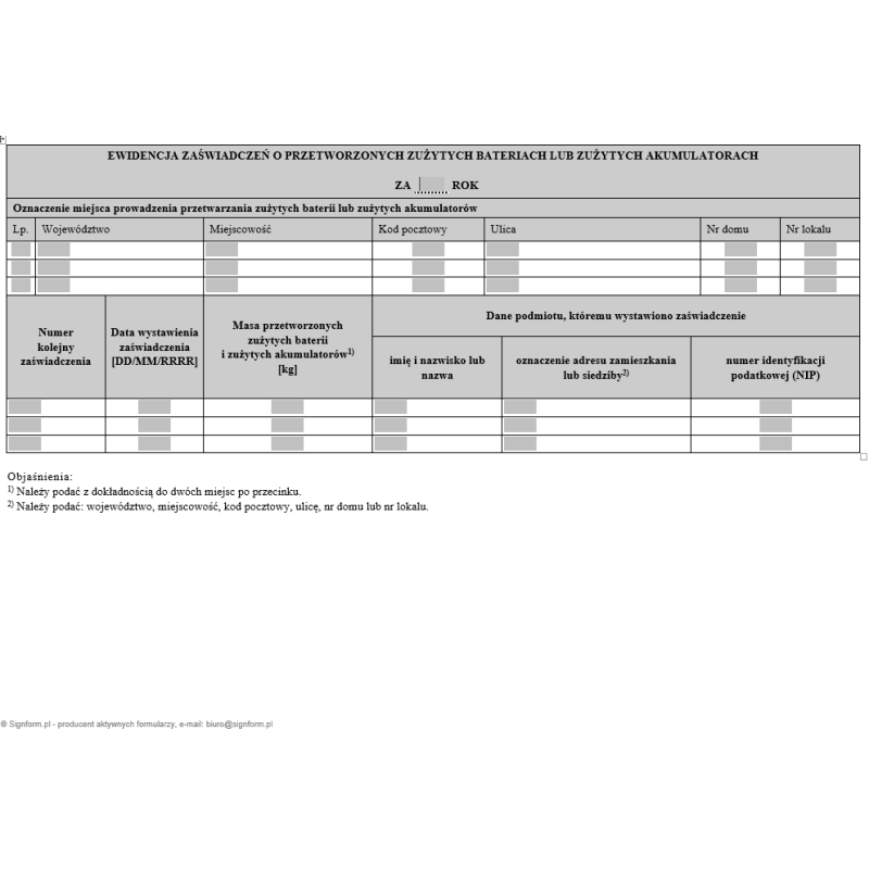 Ewidencja zaświadczeń o przetworzonych zużytych bateriach lub zużytych akumulatorach