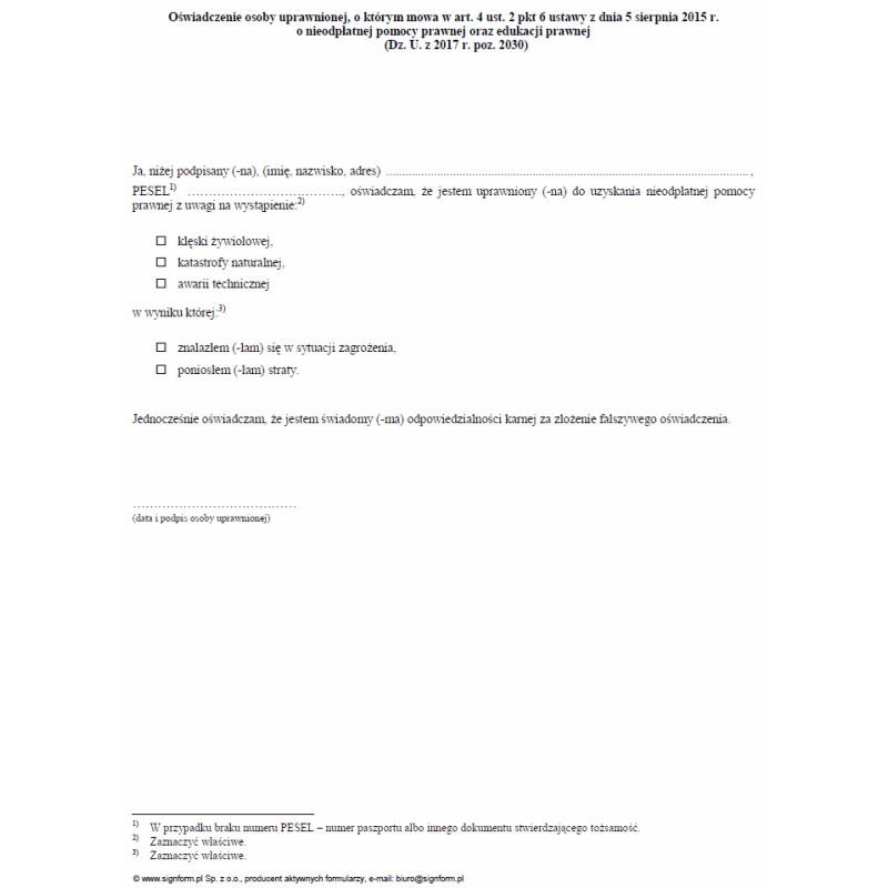 Oświadczenie osoby uprawnionej, o którym mowa w art. 4 ust. 2 pkt 6 ustawy z dnia 5 sierpnia 2015 r. o nieodpłatnej pomocy prawnej oraz edukacji prawnej
