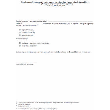 Oświadczenie osoby uprawnionej, o którym mowa w art. 4 ust. 2 pkt 6 ustawy z dnia 5 sierpnia 2015 r. o nieodpłatnej pomocy prawnej oraz edukacji prawnej