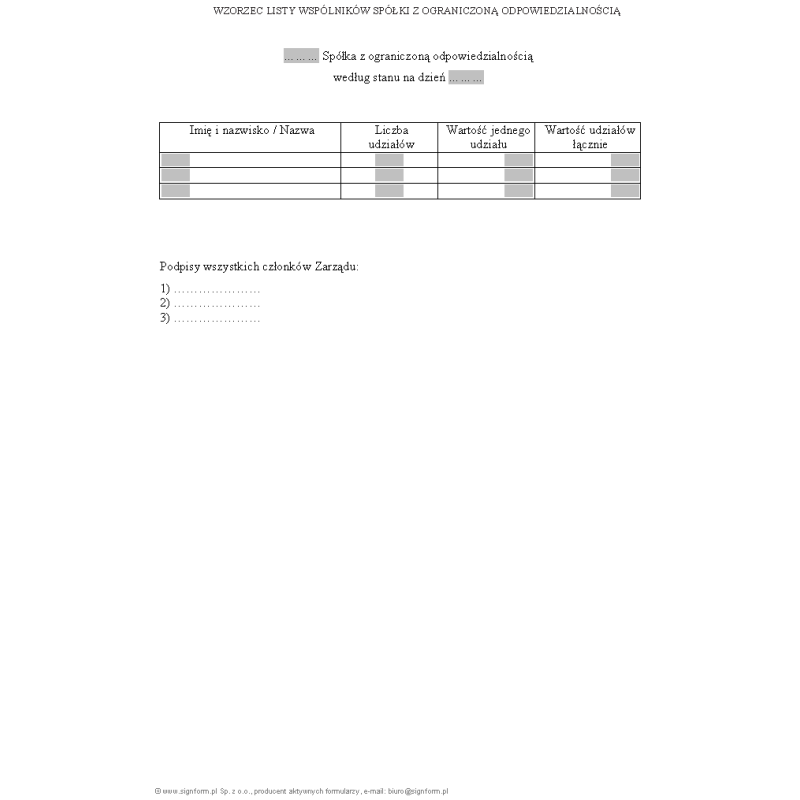 Lista wspólników spółki z ograniczoną odpowiedzialnością (sp. z o.o.)