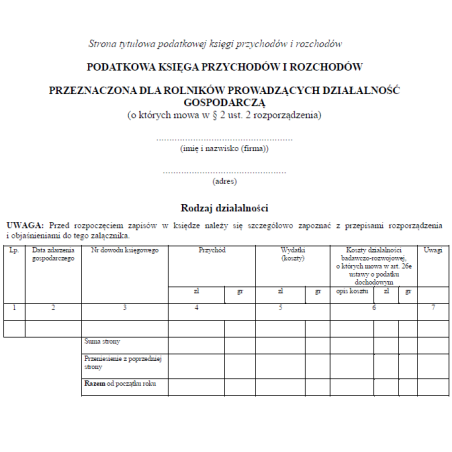 Podatkowa Księga Przychodów i Rozchodów przeznaczona dla rolników prowadzących działalność gospodarczą