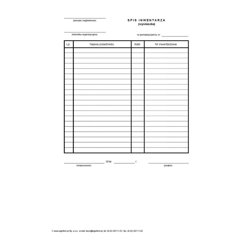 SIN- Spis inwentarza-wywieszka