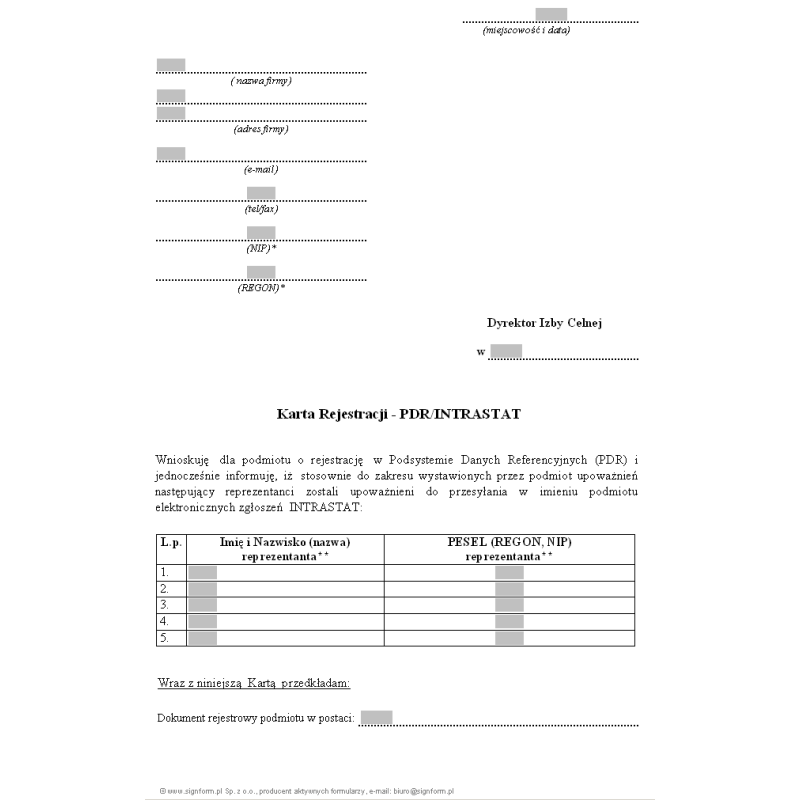 Karta Rejestracji - PDR/Intrastat