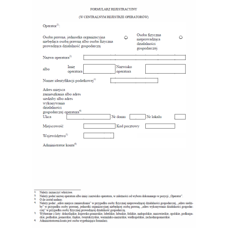 Formularz rejestracyjny w Centralnym rejestrze operatorów urządzeń i systemów ochrony przeciwpożarowej