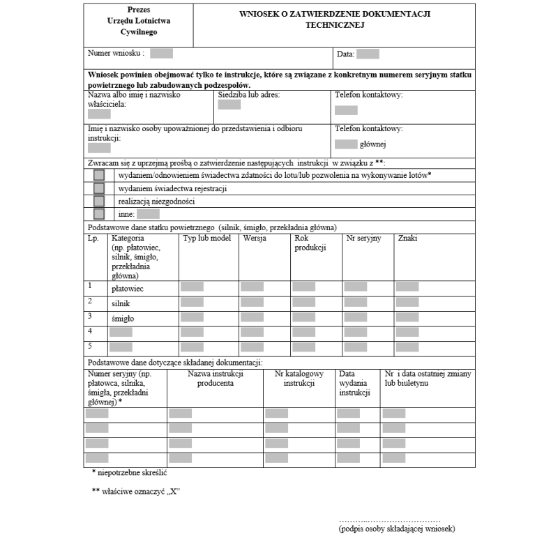 Wniosek o zatwierdzenie dokumentacji technicznej statku powietrznego