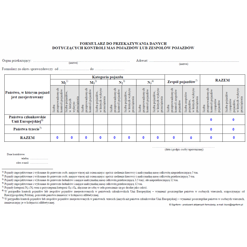 Formularz do przekazywania danych dotyczących kontroli mas pojazdów lub zespołów pojazdów