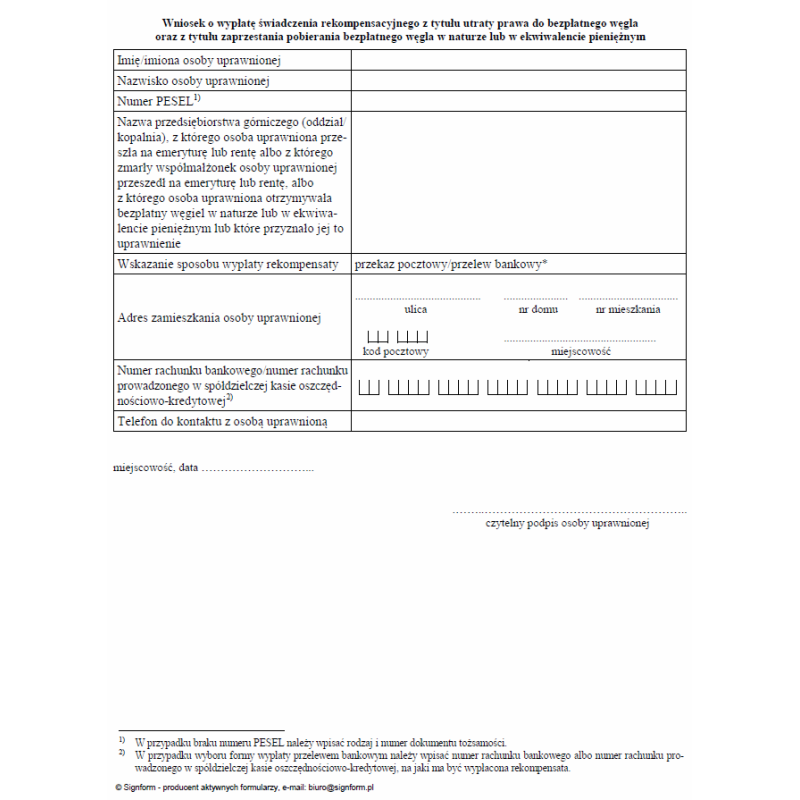 Wniosek o wypłatę świadczenia rekompensacyjnego z tytułu utraty prawa do bezpłatnego węgla oraz z tytułu zaprzestania pobierania bezpłatnego węgla w naturze lub w ekwiwalencie pieniężnym