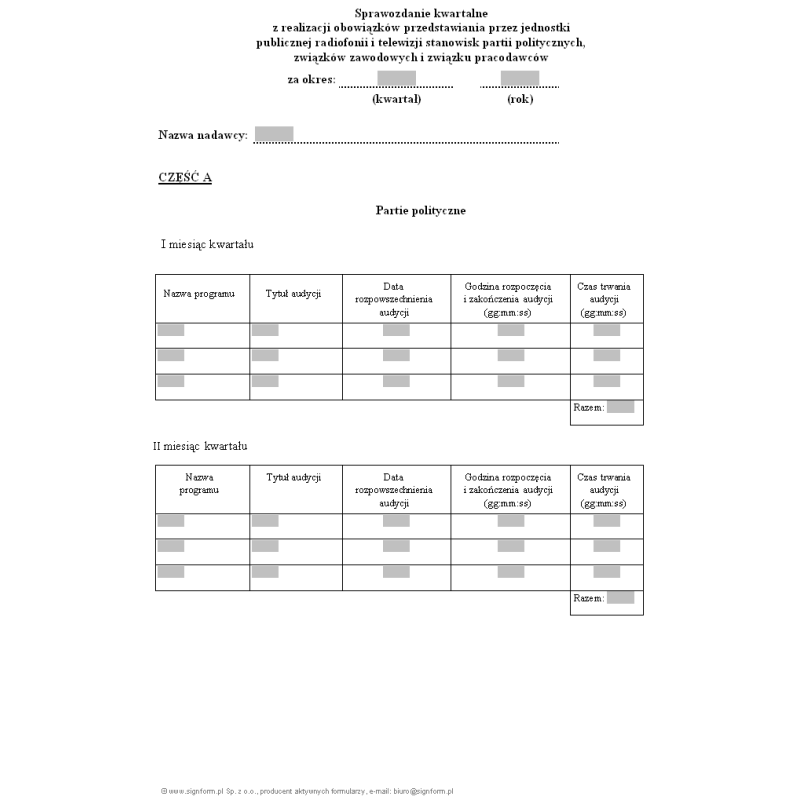 Sprawozdanie kwartalne z realizacji obowiązków przedstawiania przez jednostki publicznej radiofonii i telewizji stanowisk partii politycznych, związków zawodowych i związku pracodawców
