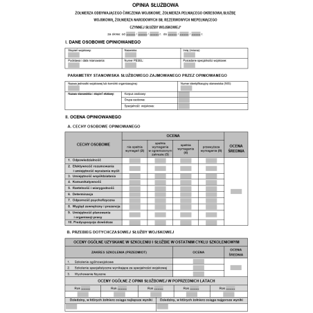 Opinia służbowa żołnierza odbywającego ćwiczenia wojskowe, żołnierza pełniącego okresową służbę wojskową, narodowych sił rezerwowych niepełniącego czynnej służby wojskowej