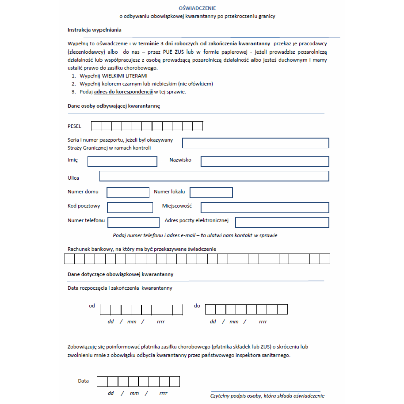 Oświadczenie o odbywaniu obowiązkowej kwarantanny po przekroczeniu granicy