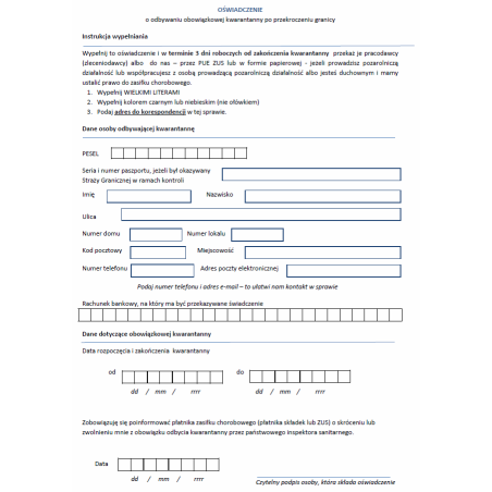 Oświadczenie o odbywaniu obowiązkowej kwarantanny po przekroczeniu granicy
