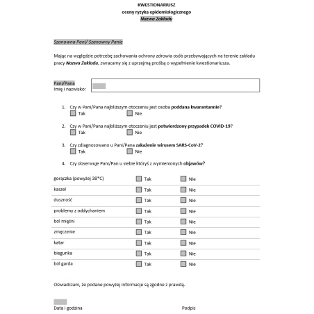 Kwestionariusz oceny ryzyka epidemiologicznego