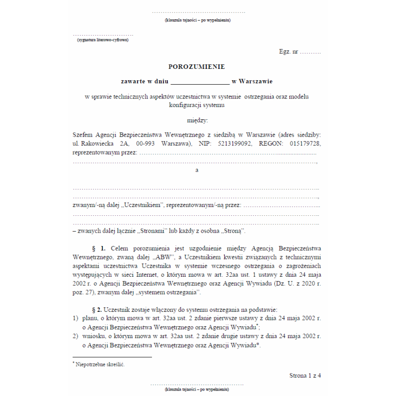 Porozumienie w sprawie technicznych aspektów uczestnictwa w systemie ostrzegania oraz modelu