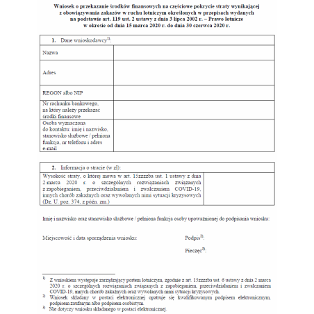 Wniosek o przekazanie środków finansowych na częściowe pokrycie straty wynikającej z obowiązywania zakazów w ruchu lotniczym określonych w przepisach wydanych na podstawie art. 119 ust. 2 ustawy z dnia 3 lipca