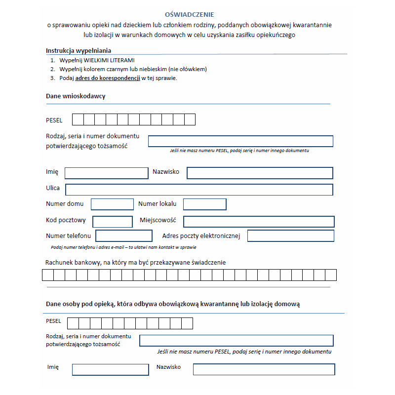 Oświadczenie o sprawowaniu opieki nad dzieckiem lub członkiem rodziny, poddanych obowiązkowej kwarantannie lub izolacji w warunkach domowych w celu uzyskania zasiłku opiekuńczego