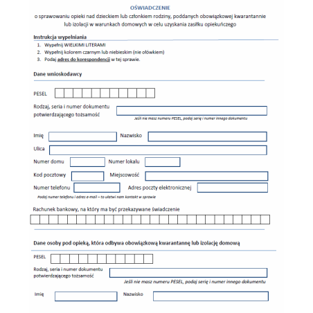 Oświadczenie o sprawowaniu opieki nad dzieckiem lub członkiem rodziny, poddanych obowiązkowej kwarantannie lub izolacji w warunkach domowych w celu uzyskania zasiłku opiekuńczego