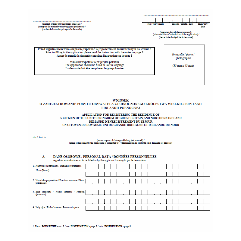 Wnioski i dokumenty dotyczące prawa pobytu na terytorium Polski obywateli Zjednoczonego Królestwa Wielkiej Brytanii i Irlandii Północnej oraz członków ich rodzin