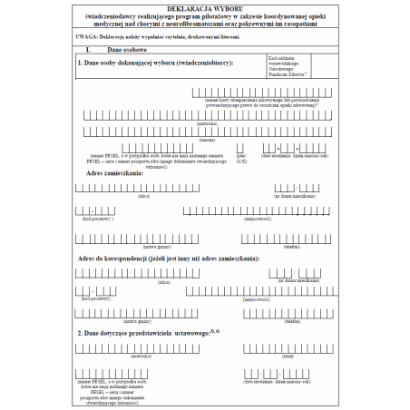 Deklaracja wyboru świadczeniodawcy realizującego program pilotażowy w zakresie koordynowanej opieki medycznej nad chorymi z neurofibromatozami oraz pokrewnymi im rasopatiami