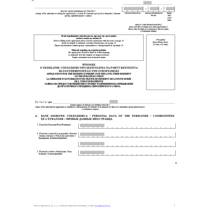 Wniosek o udzielenie cudzoziemcowi zezwolenia na pobyt rezydenta długoterminowego Unii Europejskiej