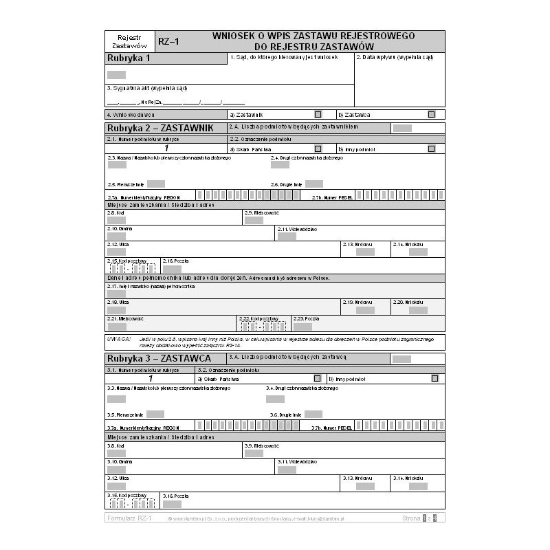 RZ-1 Wniosek o wpis zastawu rejestrowego do rejestru zastawów