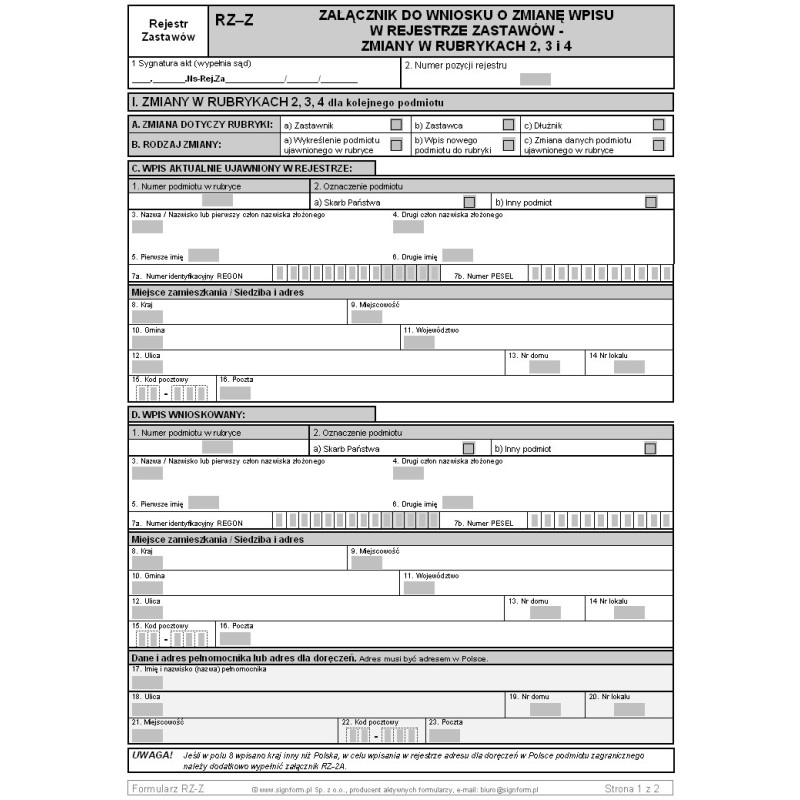RZ-Z Załącznik do wniosku o zmianę wpisu w rejestrze zastawów - zmiany w rubrykach 2,3 i 4