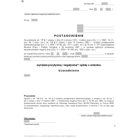 Wzór postanowienia w sprawie lokalizacji pomieszczenia poniżej poziomu otaczającego terenu (PIP)