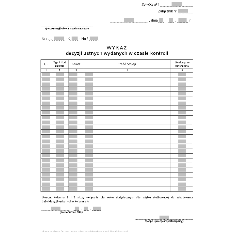 Wzór wykazu decyzji ustnych, wydanych w czasie kontroli (PIP)