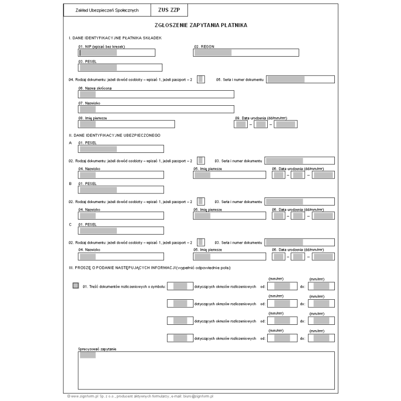 ZUS ZZP - Zgłoszenie zapytania płatnika