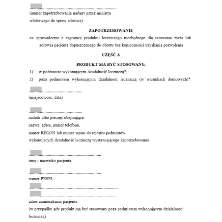 Zapotrzebowanie na sprowadzenie z zagranicy produktu leczniczego / środka spożywczego specjalnego przeznaczenia żywieniowego niezbędnego dla ratowania życia lub zdrowia