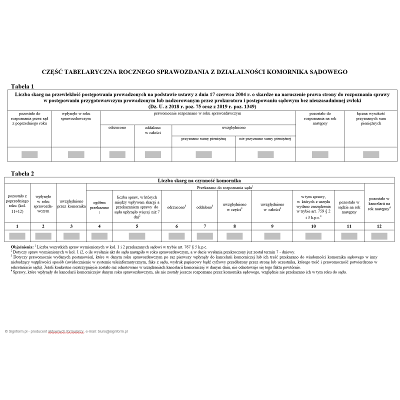 Część tabelaryczna rocznego sprawozdania z działalności komornika sądowego