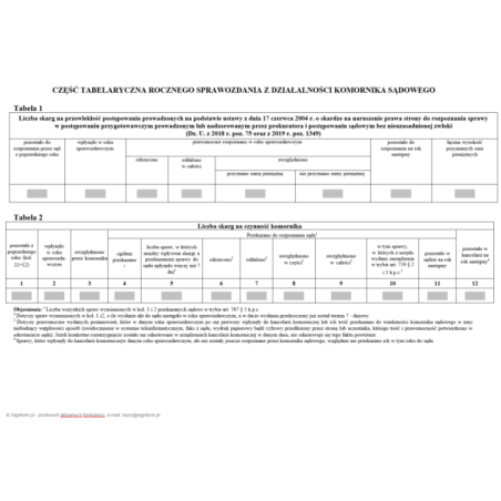 Część tabelaryczna rocznego sprawozdania z działalności komornika sądowego