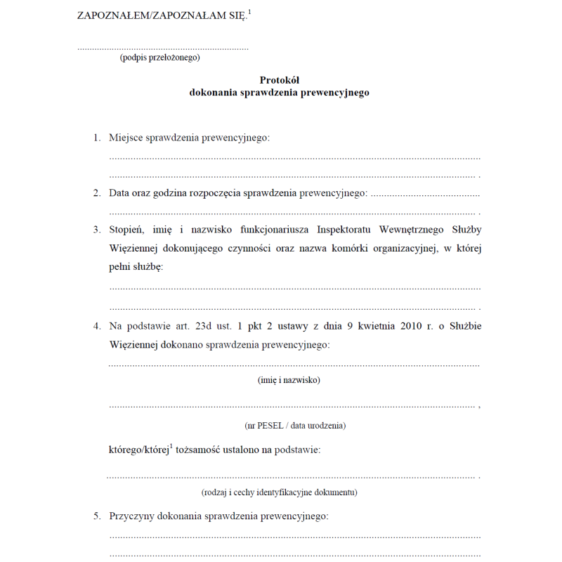 Protokół dokonania sprawdzenia prewencyjnego, Protokół ujęcia osoby na podstawie art. 23d ust. 1 pkt 3 ustawy z dnia 9 kwietnia 2010 r. o Służbie Więziennej